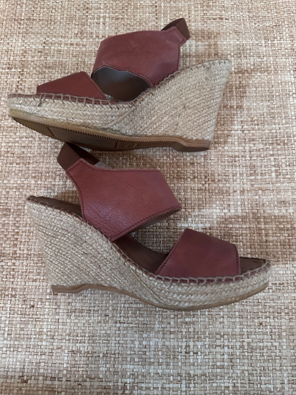 Andre Assous Brick Red Leather Espadrille Wedge Sandals